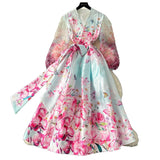 2025 Spring Spring Court Wind Positioning Print Cross V-Neck Tie With Belt Mesh Long Sleeves Spliced Dress