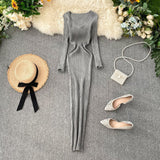 Dress Women's Autumn And Winter 2025 New Korean Version Of Simple Solid Color Long Sleeves Tight Waist Thin Knit Long Dress