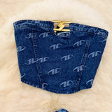 Fashion Suit Female Retro Temperament Breast-Wearing Cowboy Vest Two Sets Of Leisure High-Rise Thin Straight Pants