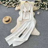 European Goods Fashionable Wearing A Famous Man's High-Level Feeling Strapped With A Waist Suit Collar Long-Sleeved Knitted Top High Waist Broad Leg Trousers