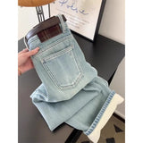 Hong Kong Style Loose Light Blue Plus Velvet Jeans Women Autumn And Winter High Waist Hanging Feeling Thin Broad Legs Thick Long Pants