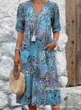 2025 New Printed Summer V-Neck Casual Holiday Bag Dress Home Clothes Women