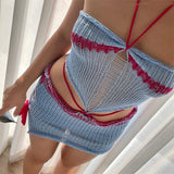 2025 Summer New Color Hanging Neck Strap Broth Knitting Sexy Bag Hip Skirt Knitted Suit Woman