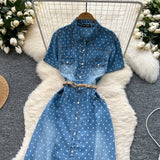 Light Familiar Style Niche Fashion Short-Sleeved Wave Dot Denim Dress Women's Waist Thin Temperament Elegant A-Word Shirt Skirt