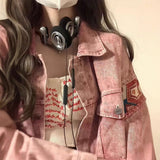 Vintage Spliced Denim Jacket Girl Spring And Autumn Loose Design Sense Small Casual Pink Workwear Top