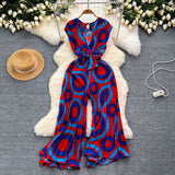 Vacation Ins Wear A Female Senior Sense Sleeveless V-Neck Tie Strap To The Belt Print Loose Broad Legs 100-Folded Jump-Fitting Trousers