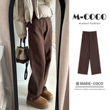 Brown Jeans Women Plus Velvet Thick 2025 Autumn And Winter High-Waisted Narrow Version Of Straight Trousers Small Drag Broad Leg Pants