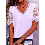 2025 Women's T-Shirt Burst Lace Splicing Loose V-Neck Short-Sleeved T-Shirt