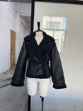 Autumn 2025 Women's Women's Women's Cozy Casual PU Lambs Solid Color Belt Jacket