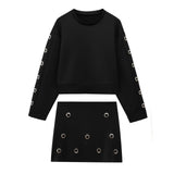Metal Buckle Eye Hollow Design Round Collar Loose Short- Jacket High-Waisted Mini Skirt Set 2025 Spring Women's Clothing