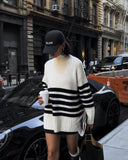 New Women's Loose Lazy Black And White Striped Sweater With Long Knitted Shirts In The Head