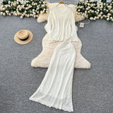 Gentle Wind High-End Sleek Crochet Knitting Set Of Women's Round Collar Long Sleeve Blouse High-Waisted Hip Skirt