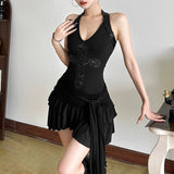 2025 Summer New Women's Hottie V-Neck Hanging Neck-Deck Mesh Splicing Slit Tight Dress Woman