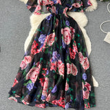 Summer V-Neck Print Chiffon Dress Women's Waist Thin Temperament Lotus Leaf Side Short Sleeves To Close The First Love Fairy Dress