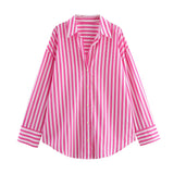 Single-Dlong Casual Shirt 2025 Spring And Summer Temperament Long-Sleeved Collar Loose Striped Print Female Top