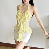 2025 Spring And Summer New Women's Sexy Hottie Irregular Design Lotus Folded Back Sleeveless Top