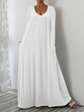 Summer New Long Dress Casual Loose Short Sleeve Pure Color V Collar Body Size Dress