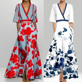 2025 Women's Fashion Elegant Temperament V-Neck Print With Large Skirt Dress Dress Woman