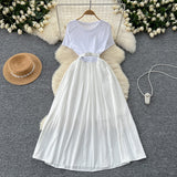 French Summer Senior Round-Neck Short-Sleeved Dress, Tie, Waist Splicing, Elegant Large Hem Length