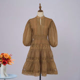 Solid-Color Dress Eugen Yarn Half-Open Lantern Sleeve Middle Sleeve Dress Lace Lace To Receive Waist Skirt