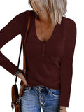 2025Wish Autumn New Women's Button Vest Solid Color V-Neck Long-Sleeved T-Shirt Top
