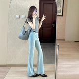 Light Blue Retro High Street High-Rise Micro-Rave Jeans Women Summer Elastic Repair Slim Thin Horseshoe Long Pants