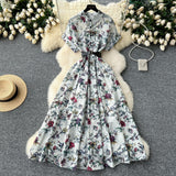 French Niche High-End Light Style Single Row Buckle Short-Sleeved Printed Shirt Dress Female Magenta Vintage Chiffon Dress
