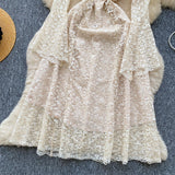 French High-End Heavy Industry Nail Drill Three-Dimensional Flower Square Collar Horn Sleeves To Close The Waist Hollow Lace Dress 20