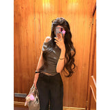 The Atmosphere Is Thin Wear With Striped Slanted Shoulder Slim Short-Sleeved T-Shirt Lattice Spliced Design Sense Loose Pants Set