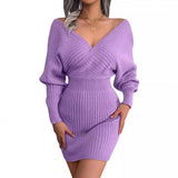 Autumn/Winter 2025 Cross-Win V-Neck Bat Dress Bag Hip Dress Sweater Dress Women's Fashion