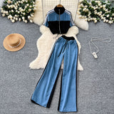 Fashion Suit Women's 2025 Summer Breeze ³é³érop Cord Short Bumper Collar Top High-Waisted Cowboy Broad Leggings