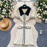 French Retro Trendy Polo Collar Short-Sleeved Dress Women's Summer Metal Buckle Waist Thin Knitted Skirt