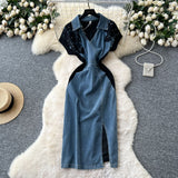 Light-Cooked Fashion Niche Fashion Heavyweight Diamond Lace Splicing Polo Collar Short Sleeves Denim Waist Dress Women's Summer Dress