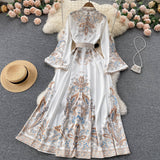 Spring And Autumn Retro Collar Horn Sleeve Print Dress Women In Court Style Over The Long Skirt