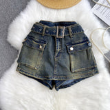 Vintage Babes Work Style Skirts Women High-Rise Thins Retro Old Denim Shorts Wide Leg Trousers