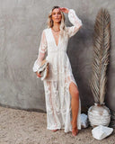 2025 New Women's Lace Long-Sleeved V-Neck Solid Chiffon Summer Dress