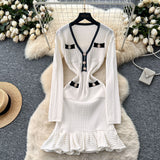 New Autumn/Winter 2025 New Waffle Small Scent Style V-Neck Knitted Dress