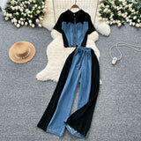Summer Dress A Complete Set Of Women's Casual Retro Lap-Fleeled Fake Two Short-Sleeved Tops High-Waisted Spliced Denim Broad-Legged Trousers