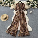 Summer Dress Holiday Wear Chic Light Leisure V Collar Short Sleeves Tight Waist High Waist Thin Leg Print Jump Trousers