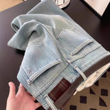 Hong Kong Style Loose Light Blue Plus Velvet Jeans Women Autumn And Winter High Waist Hanging Feeling Thin Broad Legs Thick Long Pants