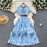 With Belt Dress 2025 Summer To Collect Thin Temperament French Retro Short-Sleeved Print Dress