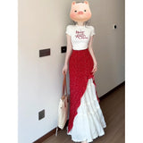 Korean Shoulder Short-Sleeved T-Shirt Crumm Skirt Suit Women's Summer New High-End Temperament Sweet Two-Set