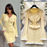Light Luxury Famous Knitted Dress Woman Autumn Wooden Ear Over The Collar To Slim Beautiful Sister Mid-Long Dress