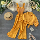 Holiday Wind Two Sets Of 2025 New Sling Folded Wide Leg Jumpsuit + Straight Short Sleeve Open-Sleeved Shirt Shirt Female Trend