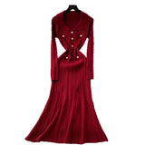Small Fragrant Elegant Collar Long Sleeve Metal Buckle Waist Knitted Dress Autumn Thin Long Dress