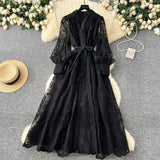 French High-End Women's Dress 2025 Spring Collection Heavy Industry Embroidery V Neck Lantern Sleeve Single Row Buckle Long Skirt