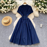 High-End Women's Dress 2025 Summer High-End Deep V-Neck Waist Buckle Body Pressure Folding Casual Denim Dress