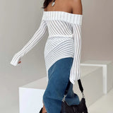 Spring 2025 New French Open Shoulder Long Sleeve Design Knitting Wool Repair Outside The Dress Woman