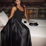 Black Spliced Vest Dress Woman 2025 New Hottie Sleeveless A-Word Swing Dress