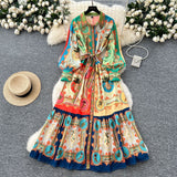 High-Grade Printed Dress Woman 2025 Spring Strap To Cover Collar Long Sleeve Single Row Buckle Folding Skirt